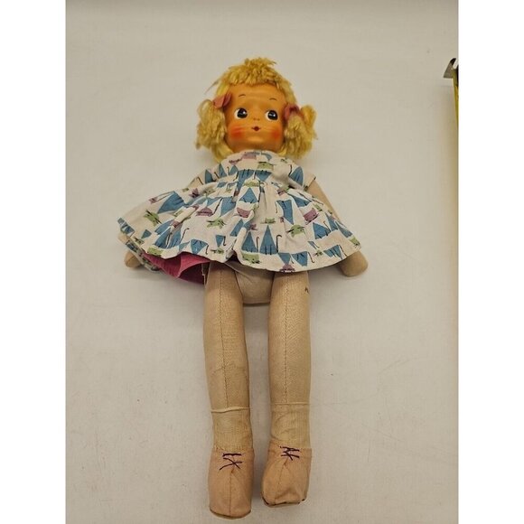 Vtg 1950s Cloth Sawdust Doll Celluloid Mask Hand Painted Face Jointed 13” Poland - Picture 1 of 9